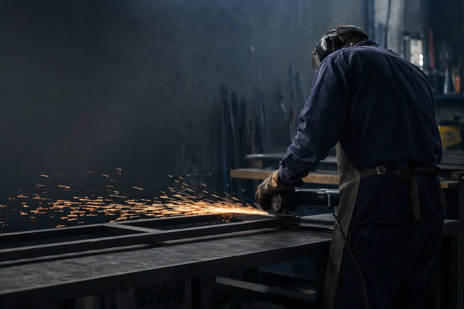 Herrero trabajando sobre una estructura metálica